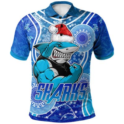 Cronulla-Sutherland Sharks Christmas Polo Shirt - Custom Cronulla-Sutherland Sharks Ugly Christmas And Aboriginal Inspired Patterns Polo Shirt
