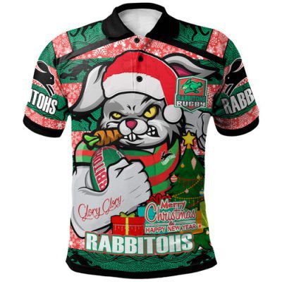 South Sydney Rabbitohs Custom Polo Shirt - Merry Christmas Super Rabbitohs With Ball And Aboriginal Patterns Polo Shirt