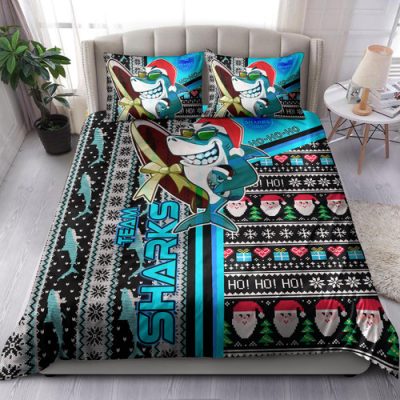 Cronulla-Sutherland Sharks Christmas Bedding Set - Custom Sharkies Surfrider Christmas With Snowflakes Ho Ho Ho Bedding Set