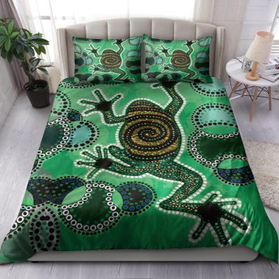 Australia Aboriginal Inspired Bedding Set - Indigenous Green Frog Watercolor Dot Art Painting