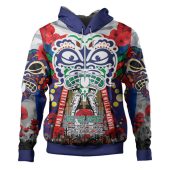 New Zealand Warriors Anzac Watercolor Custom Hoodie - Remembrance Anzac Day With Maori Tiki Mask And Poppy Flower