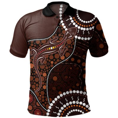 Australia Polo Shirt Aboriginal Inspired Lizard With Dot Painting Pattern
