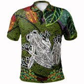 Australia Aboriginal Inspired Custom Polo Shirt - Indigenous Green Frog Watercolor Dot Art Painting