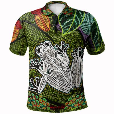 Australia Aboriginal Inspired Custom Polo Shirt - Indigenous Green Frog Watercolor Dot Art Painting