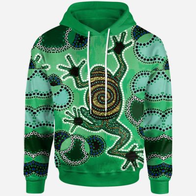 Australia Aboriginal Inspired Hoodie - Custom Indigenous Green Frog Watercolor Dot Art Painting