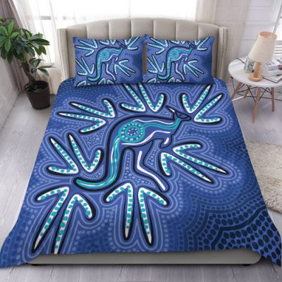 Australia Aboriginal Bedding Set - Blue Aboriginal Style Of Dot Kangaroo Artwork  Bedding Set