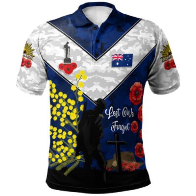 Australia Anzac Day Polo Shirt -  Poppies with Golden Wattle Flowers Lest We Forget