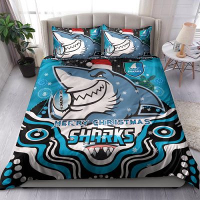 Cronulla-Sutherland Sharks Christmas Bedding Set - Custom Christmas Super Sharkies Indigenous Bedding Set