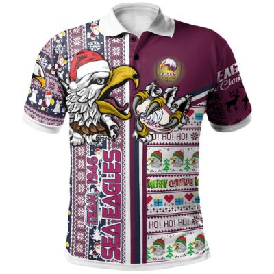 Manly Warringah Sea Eagles Christmas Polo Shirt - Custom Scratch Manly Warringah Sea Eagles Snowflakes Ho Ho Ho Personalized Name And Number Polo Shirt