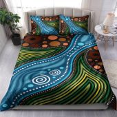 Australia Indigenous Bedding Set - Aboriginal Inspired Landscape Illustration of forest, river and land