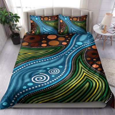 Australia Indigenous Bedding Set - Aboriginal Inspired Landscape Illustration of forest, river and land