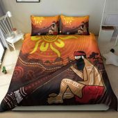 Australia Aboriginal Inspired Bedding Set Man Playing A Didgeridoo Landscape With Uluru Sunset