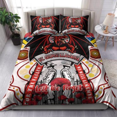 St. George Illawarra Dragons Anzac Day Watercolour Custom Bedding Set - Remembrance Dragons With Poppy Flower