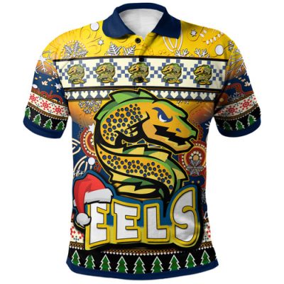 Parramatta Eels Christmas Polo Shirt - Custom Xmas Parramatta Eels Christmas Balls, Snowflake With Aboriginal Inspired Patterns Polo Shirt