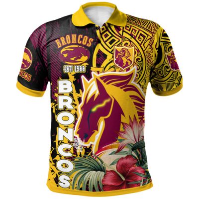 Brisbane Broncos Polynesian Polo Shirt - Custom Super Broncos With Polynesian Tribal Pattern And Hibiscus Flower Polo Shirt