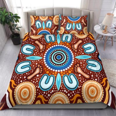 Australia Aboriginal Inspired Bedding Set - Indigenous Circle Dot Art Footprints Painting