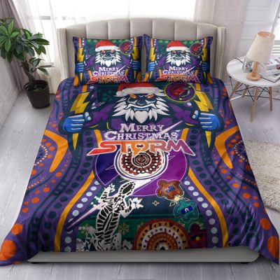 Melbourne Storm Christmas Bedding Set - Custom Merry Christmas Indigenous Melbourne Storm Bedding Set