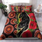 Penrith Panthers Bedding Set - Aboriginal Inspired Penrith Panthers Anzac Day Panther With Poppy Flower Bedding Set