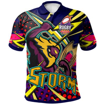 Melbourne Storm Polo Shirt - Custom Melbourne Storm And Thunder Aboriginal Inspired Style Of Dot Background Personalised Player And Number Polo Shirt