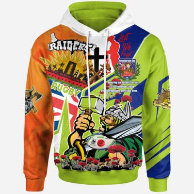 Canberra Raiders Hoodie - Custom Anzac Canberra Raiders with Remembrance Poppy and Indigenous Patterns Hoodie
