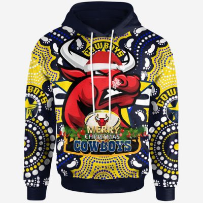 North Queensland Cowboys Christmas Hoodie - Custom Merry Christmas North Queensland Cowboys With Dot Art Painting Footprints