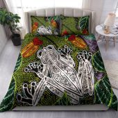 Australia Aboriginal Inspired Bedding Set - Indigenous Green Frog Watercolor Dot Art Painting