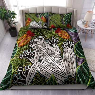 Australia Aboriginal Inspired Bedding Set - Indigenous Green Frog Watercolor Dot Art Painting