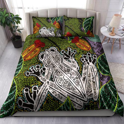 Australia Aboriginal Inspired Bedding Set - Indigenous Green Frog Watercolor Dot Art Painting Australia Aboriginal Inspired Bedding Set - Indigenous Green Frog Watercolor Dot Art Painting