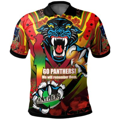 Penrith Panthers Premierships Remembrance Day Custom Polo Shirt - Go Penrith Panthers Lest We Forget Poppy Polo Shirt