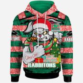 South Sydney Rabbitohs Hoodie - Merry Christmas Super Rabbitohs With Ball And Aboriginal Patterns Custom Hoodie