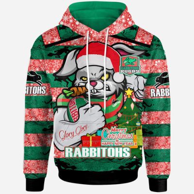 South Sydney Rabbitohs Hoodie - Merry Christmas Super Rabbitohs With Ball And Aboriginal Patterns Custom Hoodie
