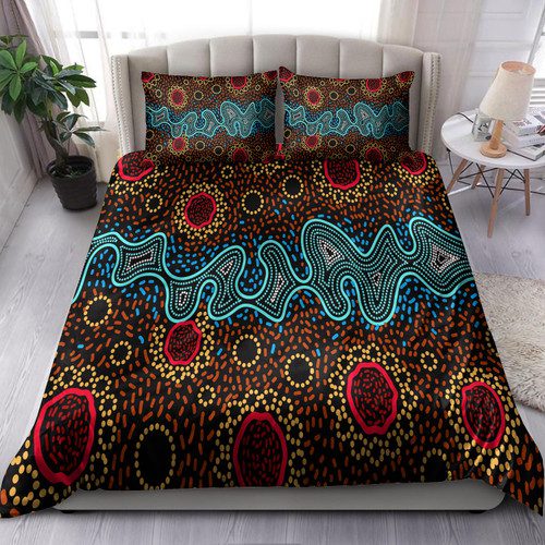 Australia Indigenous Bedding Set - Aboriginal inspired dot art painting River concept Australia Indigenous Bedding Set - Aboriginal inspired dot art painting River concept