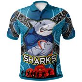 Cronulla-Sutherland Sharks Polo Shirt- Aboriginal Inspired Anzac Day Shark And Soldier With Poppy Flower Patterns Polo Shirt