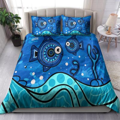 Australia Indigenous Bedding Set - Aboriginal inspired dot art painting with fish underwater concept