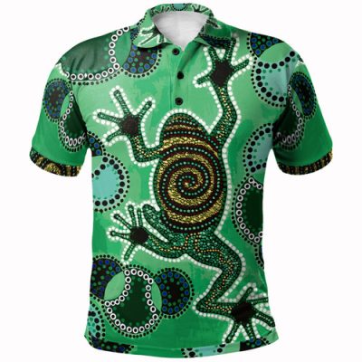 Australia Aboriginal Inspired Custom Polo Shirt - Indigenous Green Frog Watercolor Dot Art Painting