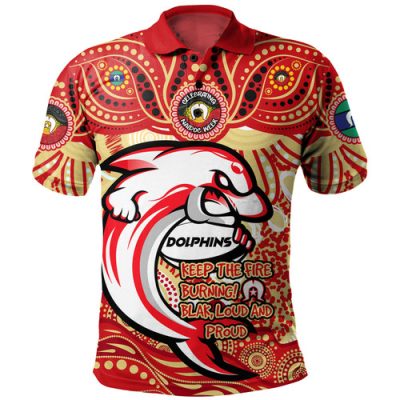 Redcliffe Dolphins Polo Shirt Celebrating Naidoc Week 2024 Aboriginal Dot Art Inspired