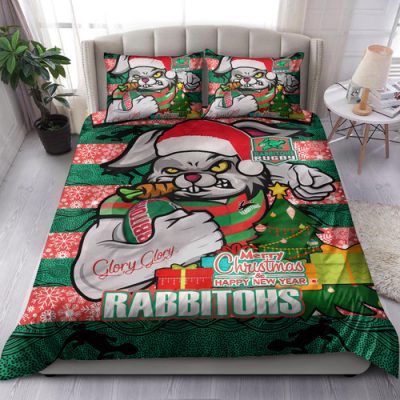 South Sydney Rabbitohs Custom Bedding Set - Merry Christmas Super Rabbitohs With Ball And Aboriginal Patterns