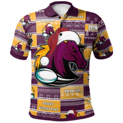 Brisbane Broncos Christmas Polo Shirt - Custom Brisbane Broncos Merry Christmas Random Square Pattern Polo Shirt