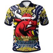 North Queensland Cowboys Christmas Custom Polo Shirt - Merry Christmas North Queensland Cowboys With Dot Art Painting Footprints