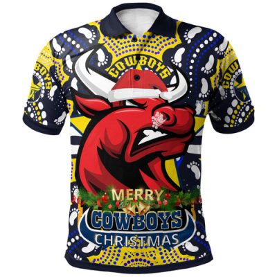 North Queensland Cowboys Christmas Custom Polo Shirt - Merry Christmas North Queensland Cowboys With Dot Art Painting Footprints