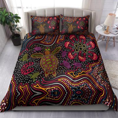 Australia Indigenous Bedding Set - Aboriginal inspired art turtles dreaming story background