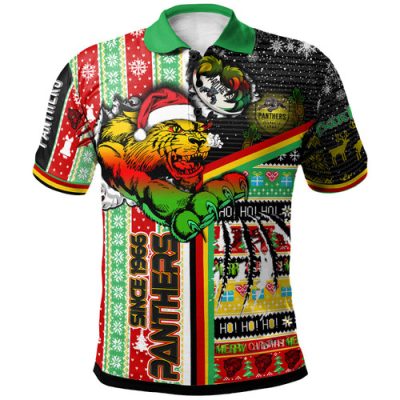 Penrith Panthers Christmas Polo Shirt - Custom Merry Super Penrith Panthers Christmas With Snowflakes Ho Ho Ho Scratch Polo Shirt