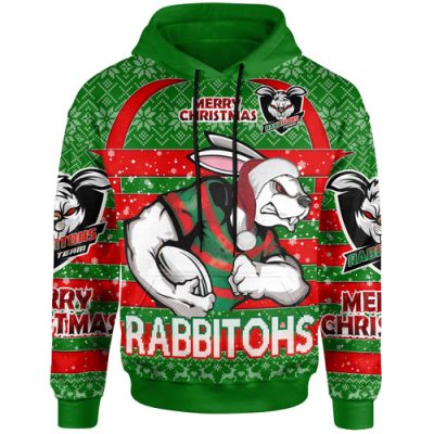 South Sydney Rabbitohs Hoodie - Merry Christmas Super Rabbitohs With Ball And Aboriginal Patterns Custom Hoodie