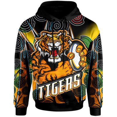 Wests Tigers Hoodie - Custom Tiger Ball Aboriginal Inspired Art Vector Painting Personalised Player And Number Hoodie