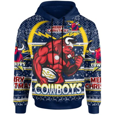 North Queensland Cowboys Christmas Hoodie - Custom Cowboys Merry Christmas With Snowflake Pattern Hoodie
