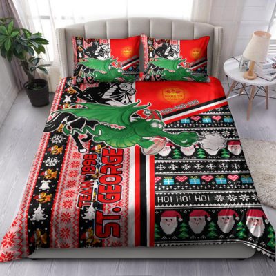St. George Illawarra Dragons Christmas Bedding Set - Custom Dragons Xmas Green Wyvern With Snowflakes And Ball Bedding Set