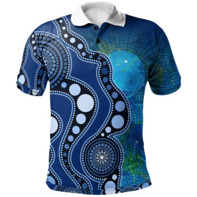 Australia Aboriginal Inspired Polo - Australia Indigenous Flag Circle Dot Painting Art (Blue)