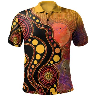 Australia Aboriginal Inspired Polo - Australia Indigenous Flag Circle Dot Painting Art (Golden)