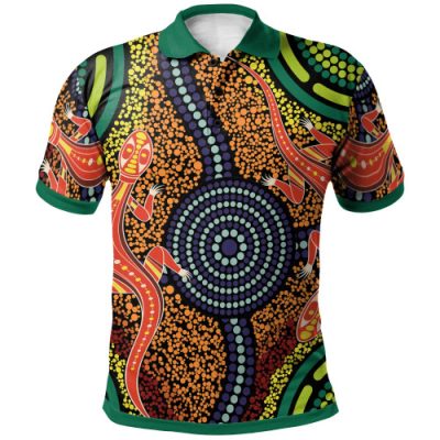 Australia Aboriginal Inspired Polo Shirt - Aboriginal Inspired Two Lizards Dot Painting Circle