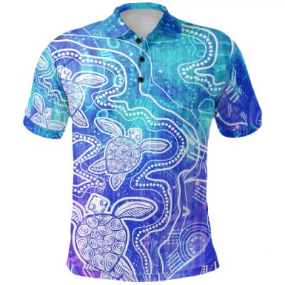 Australia Aboriginal Inspired Polo Shirt - Sea Turtle With Indigenous Patterns (Blue)